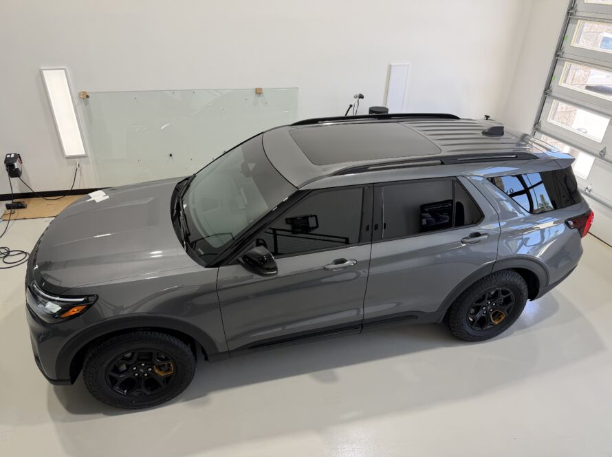 Heat-rejecting window tint on a Ford Explorer at Kingdom Window Tint in Lewisville, TX