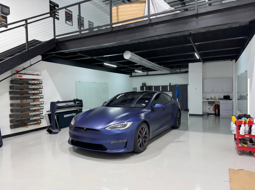 Blue Tesla Model S at Kingdom Window Tint in Lewisville, TX