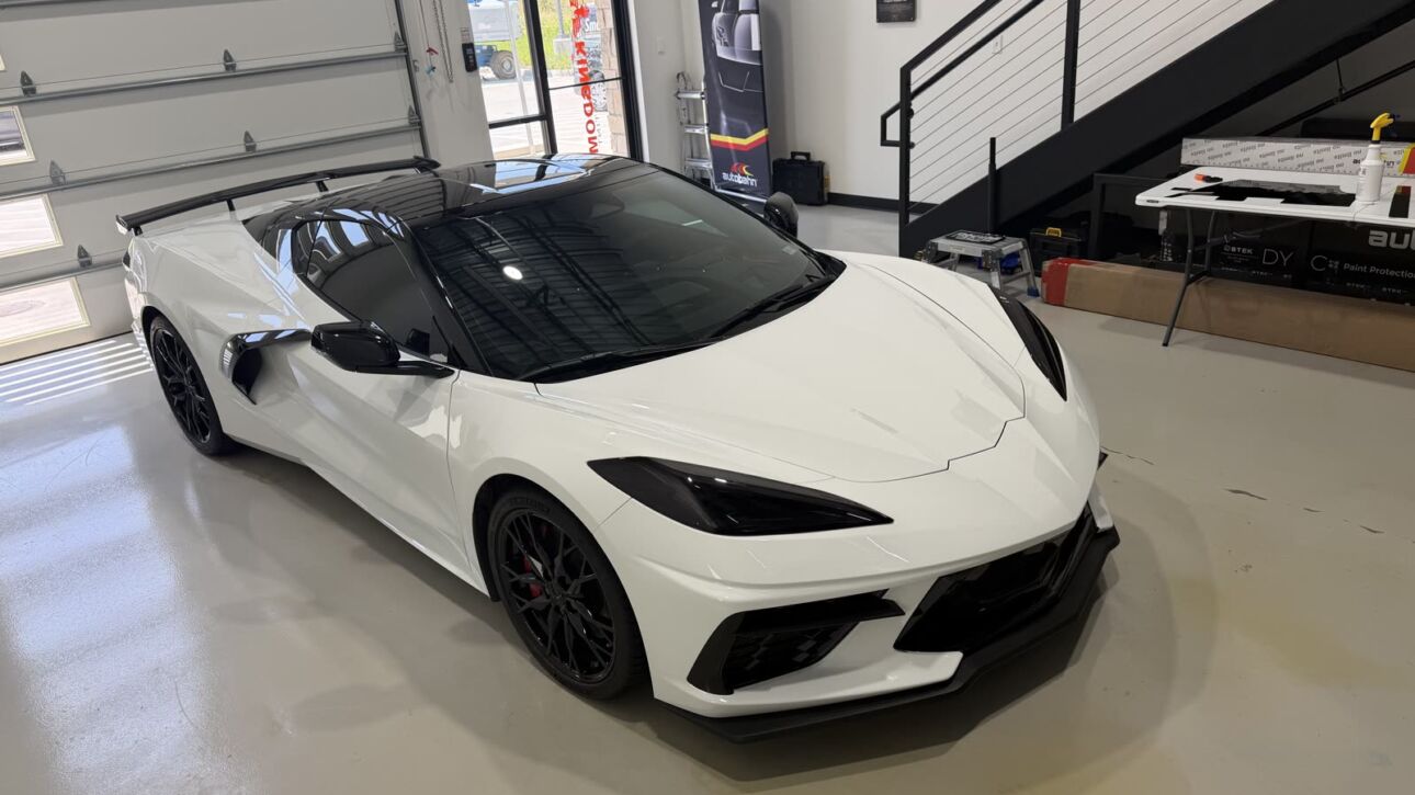 White C8 Corvette with PPF, ceramic coating and roof blackout at Kingdom Window Tint in Lewisville, TX