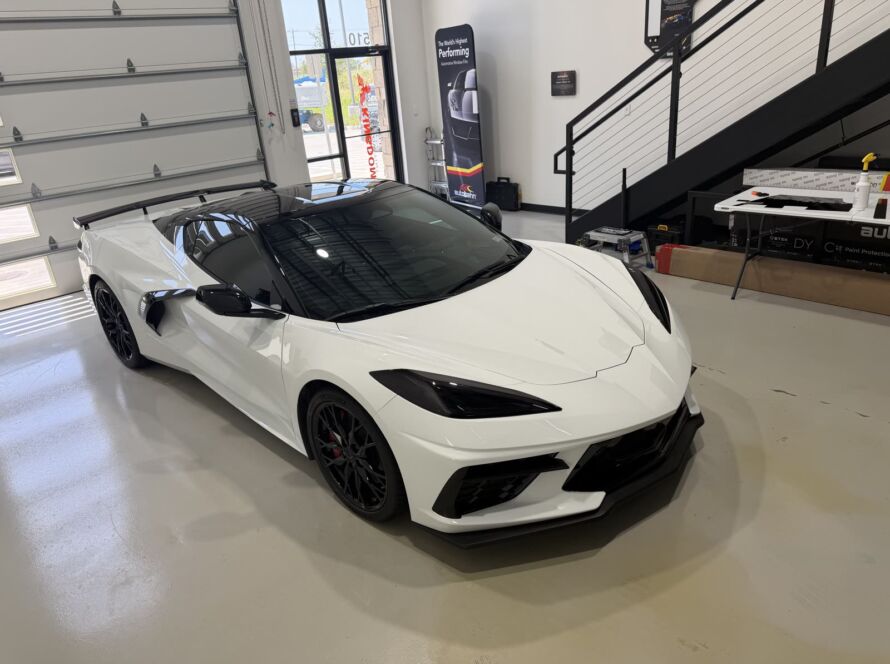 White C8 Corvette with PPF, ceramic coating and roof blackout at Kingdom Window Tint in Lewisville, TX