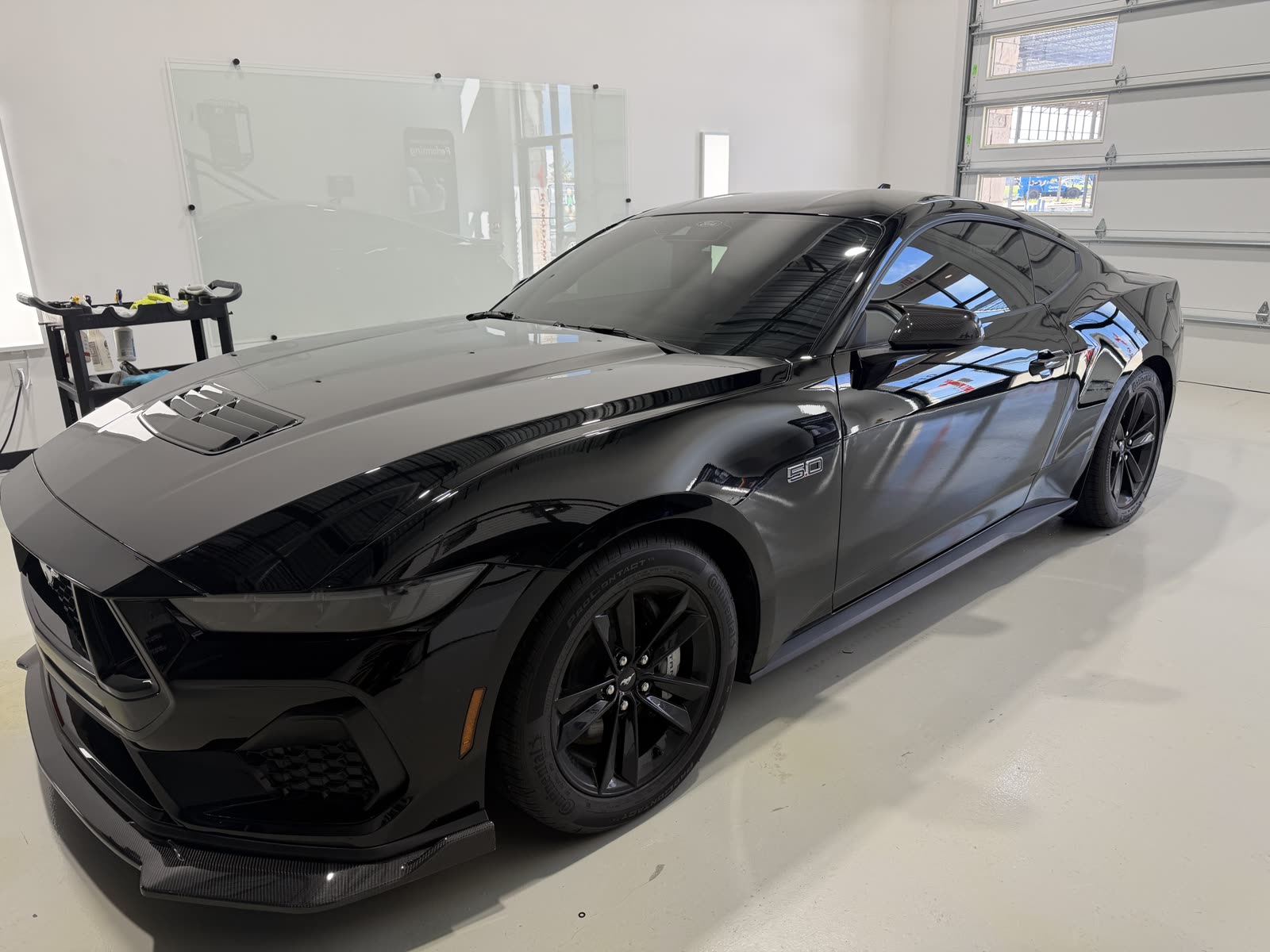 Side view of a ceramic coated black Ford Mustang GT after paint correction