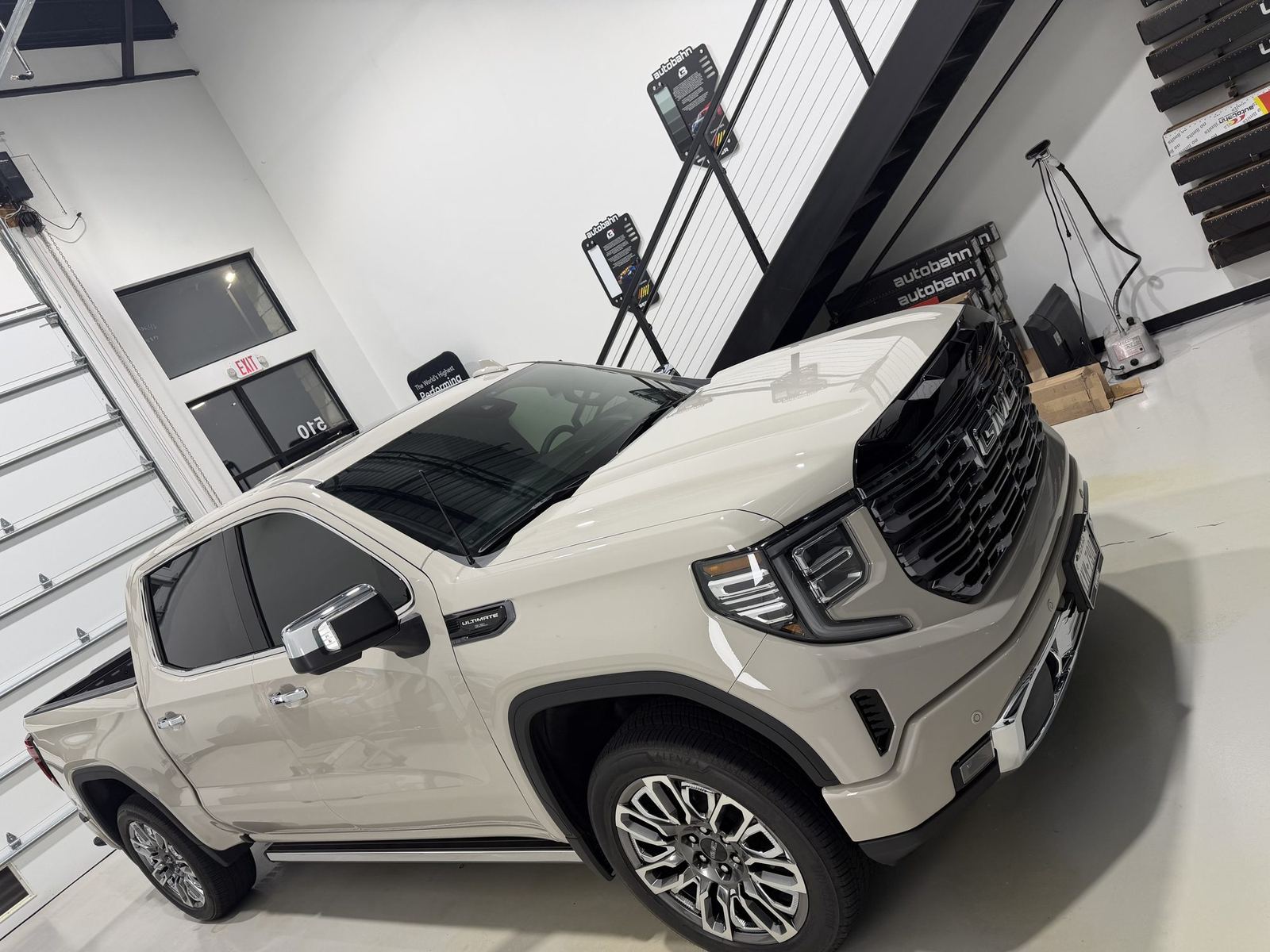Ceramic coated GMC Sierra Denali Ultimate inside Kingdom Window Tint's Lewisville shop